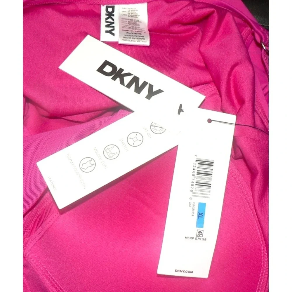 DKNY Women's Crossover Tummy Control Ruched One-Piece Swimsuit Amalfi Pink XL - Picture 7 of 7